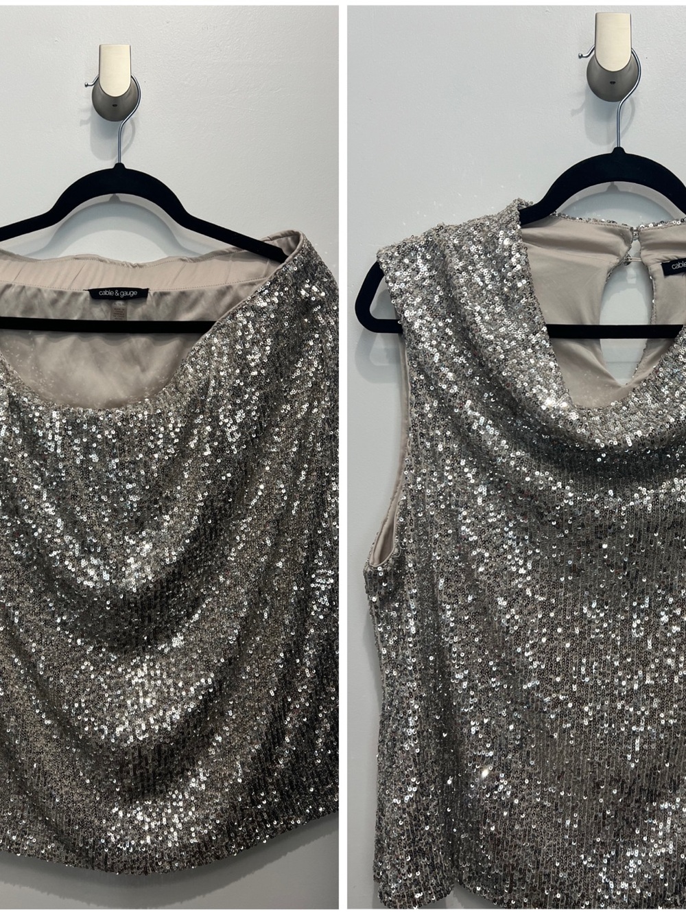 Sequined Skirt and Cowl Neck Blouse Cable and Gauge